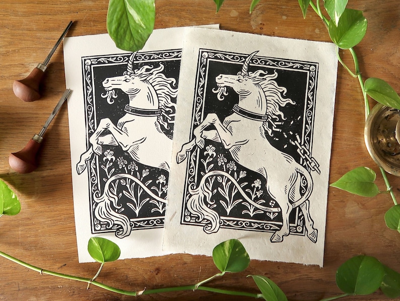 Linocut print Original Unchained unicorn image 1