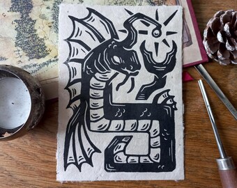 Linocut print - Original Sea serpent