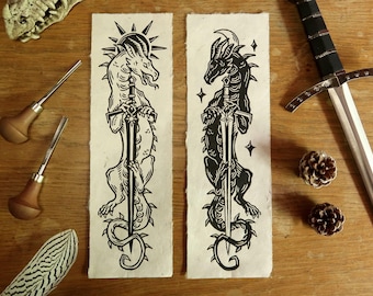 Linocut print - Original Sun and moon Dragons