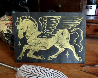 Linocut print - Pegasus - Gold on black paper