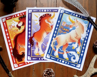 A5 Print - Tarot unicorns - The Moon, Sun and Star Illustration