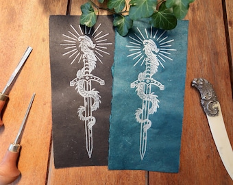 Silver Linocut print - Original Sword & Tiny Dragon - on blue or black paper