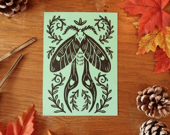 Linocut print - Original Tiny Moth - on Mint colored paper