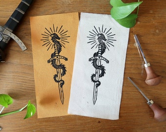 Linocut patch- Original Sword & Tiny Dragon - Ivory or yellow ochre