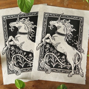 Linocut print Original Unchained unicorn Natural with fiber