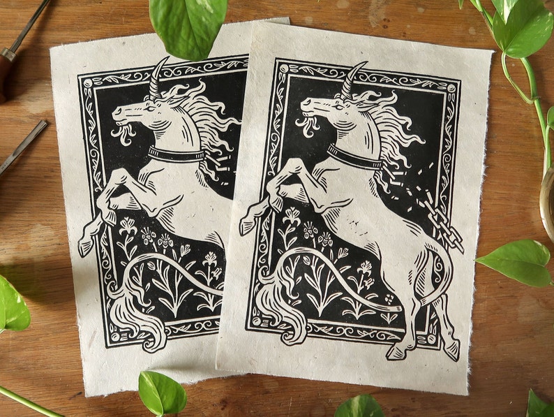 Linocut print Original Unchained unicorn Natural with fiber