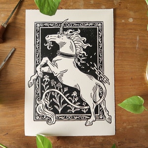 Linocut print Original Unchained unicorn Ivoire