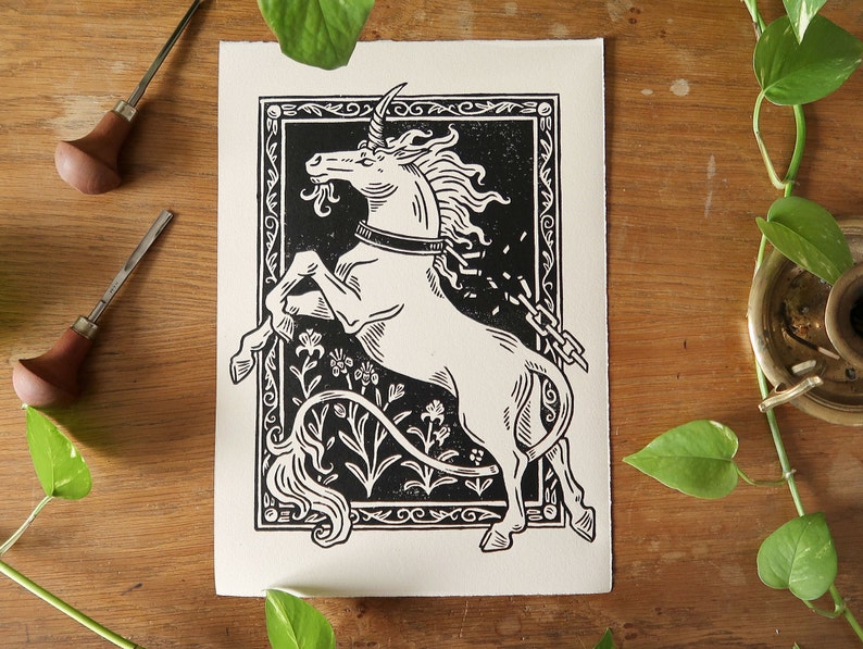 Linocut print Original Unchained unicorn Ivoire