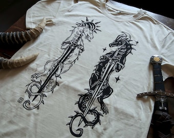 Sword and dragons - Screen-Printed Sand cotton tshirt
