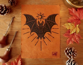 Linocut print - Original bat - Limited edition on burnt orange paper