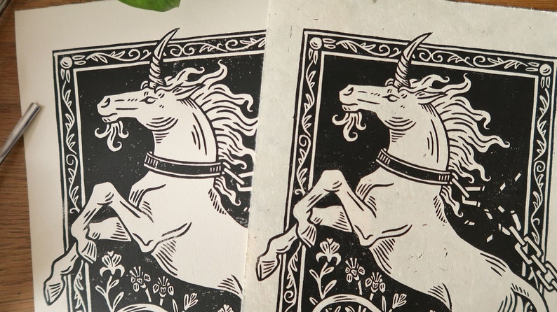 Linocut print Original Unchained unicorn image 2