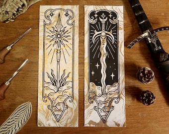 Linocut print - Original Medieval sword and spear - Gold marbled paper