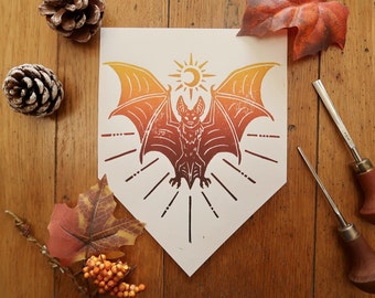 Linocut print - Original Bat  - Halloween colors