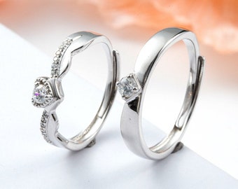 Anillos de pareja de plata Heart Zircon S925, anillos a juego para parejas, anillos de promesa, anillos ajustables de aniversario, joyería de conjunto de anillos de pareja