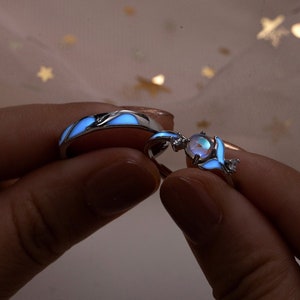 Glowing Band Moonstone Silver Couple Rings Promise Rings for Couples Matching Rings His Her Adjustable Ring Set Couple Ring Set Jewellery image 1