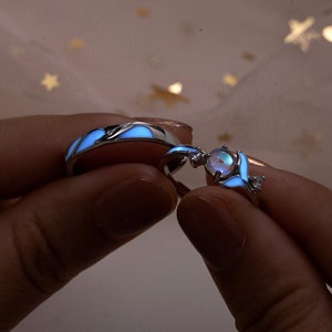 Anillos de pareja de plata con piedra lunar brillante, anillos de promesa para parejas, anillos a juego, juego de anillos ajustables para ella, juego de anillos para parejas, joyería imagen 1