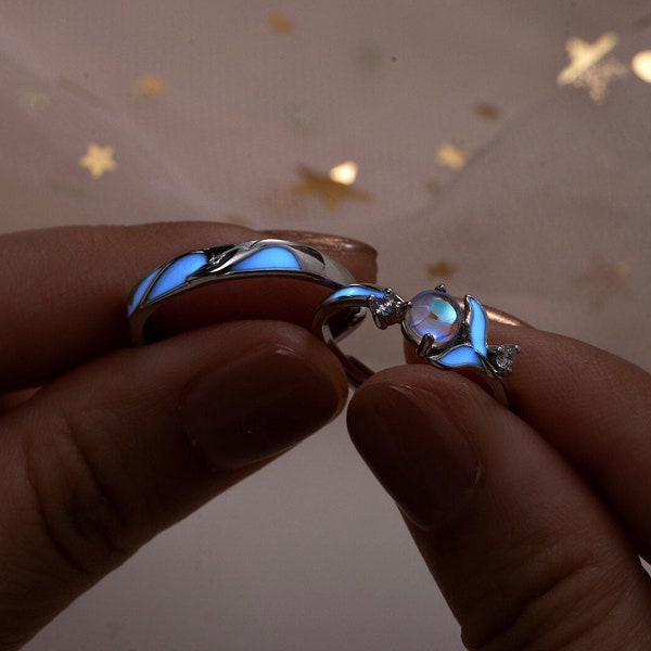 Glowing Band Moonstone Silver Couple Rings Promise Rings for Couples Matching Rings His Her Adjustable Ring Set Couple Ring Set Jewellery