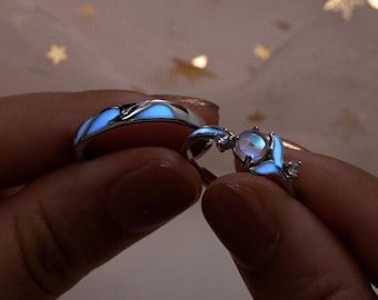 Glowing Band Moonstone Silver Couple Rings Promise Rings for Couples Matching Rings His Her Adjustable Ring Set Couple Ring Set Jewellery