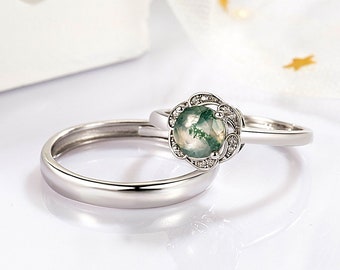 Green Moss Agate Round Cut CZ 925 Silver Promise Rings for Couples Natural Stone Matching Rings His Her Couple Ring Set Adjustable Rings