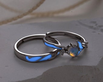 Anillos de promesa luminosos y brillantes para parejas, anillos de pareja de plata 925, anillos a juego de circón de piedra lunar, anillos de su aniversario, regalo de pareja