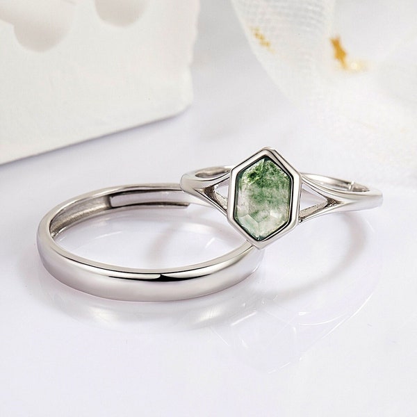 Bagues couple en argent 925 avec agate mousse verte Bagues de promesse pour couple Bagues assorties en pierre naturelle Ensemble de bagues réglables pour la sienne