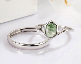 Bagues couple en argent 925 avec agate mousse verte Bagues de promesse pour couple Bagues assorties en pierre naturelle Ensemble de bagues réglables pour la sienne