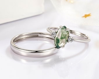 Hexagon Cut Green Moss Agate S925 Silver Couple Rings CZ Promise Rings for Couples His Her Matching Rings Adjustable Anniversary Rings