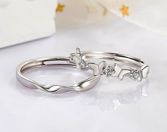 Butterfly CZ 925 Silver Couple Rings Promise Rings for Couples His Her Matching Anniversary Rings Adjustable Rings Couple Jewelry Gift Ideas