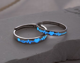 Glow in the Dark Heartbeat Bands Silver Couple Rings Promise Rings for Couples His Her Matching Rings Lovers Rings Couple Jewelry Gift Ideas