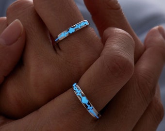 Glow in the Dark Hearbeat Promise Rings for Couples 925 Silver Couple Rings His Her Matching Pair Ring Adjustable Rings Valentine's Day Gift