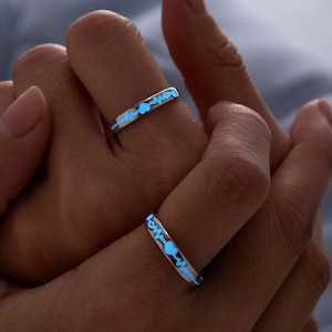Glow in the Dark Hearbeat Promise Rings for Couples 925 Silver Couple Rings His Her Matching Pair Ring Adjustable Rings Valentine's Day Gift