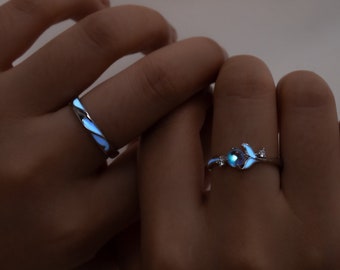 Leuchtende leuchtende Silber-Paarringe, Mondstein-Silberversprechensringe für Paare, seine Her passenden Ringe, verstellbare Ringe, Paarschmuck