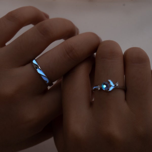 Luminous Glowing Silver Couple Rings, Moonstone Silver Promise Rings for Couples, His Her Matching Rings, Adjustable Rings, Couple Jewelry