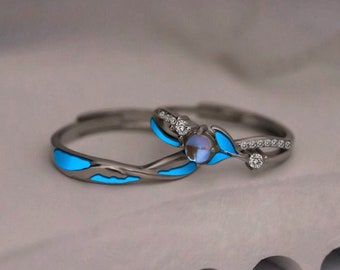 Glowing Bands Moonstone S925 Silver Promise Rings for Couples His Her Matching Rings Anniversary Adjustable Rings Couple Ring Set Gift