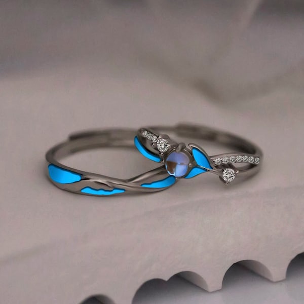 Glowing Bands Moonstone S925 Silver Promise Rings for Couples His Her Matching Rings Anniversary Adjustable Rings Couple Ring Set Gift