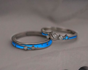 Glowing Stars & Moon S925 Silver Couple Rings Celestial Matching Rings Promise Rings for Couples Adjustable Anniversary Bands Couple Gifts