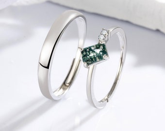 Baguette Green Moss Agate 925 zilveren belofte ringen voor koppels zijn haar bijpassende ring set verstelbare verjaardag ringen voor mannen en vrouwen
