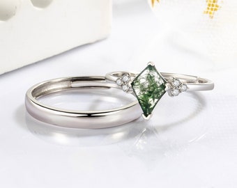 Kite Green Moss Agate 925 Silver Couple Rings Promise Rings for Couples Matching Ring Set Adjustable Anniversary Rings Gift for Couples