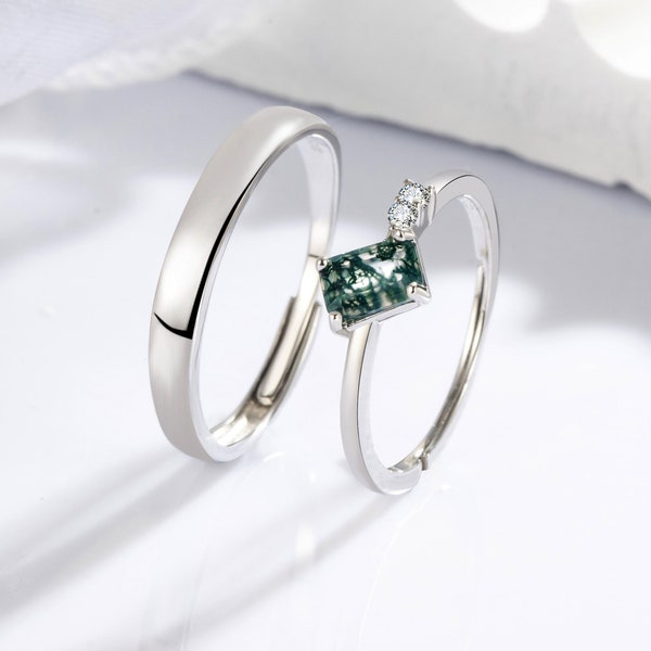 Baguette Green Moss Agate  Sterling Silver Couple Ring Set Matching Couples Promise Ring His and Hers Anniversary Bands Couple Jewelry