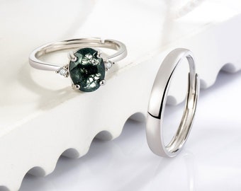 Oval Cut Green Moss Agate Silver Couple Rings Matching Rings for Couples Relationship Rings Promise Rings for Couples Anniversary Rings