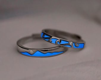 Glowing Bands S925 Silver Luminous Promise Rings for Couples Matching Ring Set His Her Adjustable Bands Anniversary Rings Couple Gift Ideas