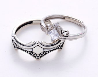 Crown & Sword 925 Sterling Silver Couple Rings, CZ Promise Rings for Couples, His Her Matching Rings, Anniversary Rings, Valentine Gifts