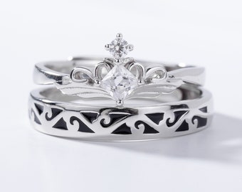 Princess Knight 925 Sterling Silver Promise Rings voor koppels, jubileumringen, verstelbare paarringset, paar bijpassende ringen