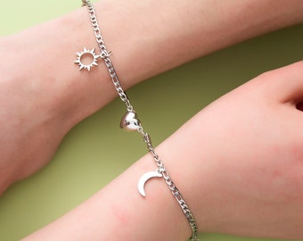 Sun Moon Magnetic Heart Matching Bracelets, Link Chain Couple Bracelets, Handmade Bestfriend Bracelets, Promise Bracelets Gift Ideas