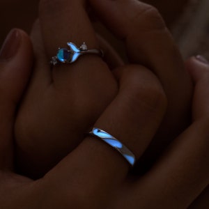 Świecąca opaska Kamień księżycowy Srebrne pierścionki dla par Pierścionki przyrzeczenia dla par Pasujące pierścionki Jego jej regulowany zestaw pierścionków Zestaw pierścionków dla par Biżuteria zdjęcie 5