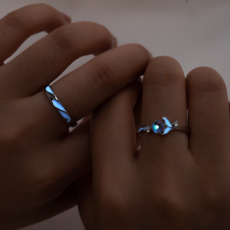 Glowing Band Moonstone Silver Couple Rings Promise Rings for Couples Matching Rings His Her Adjustable Ring Set Couple Ring Set Jewellery image 3