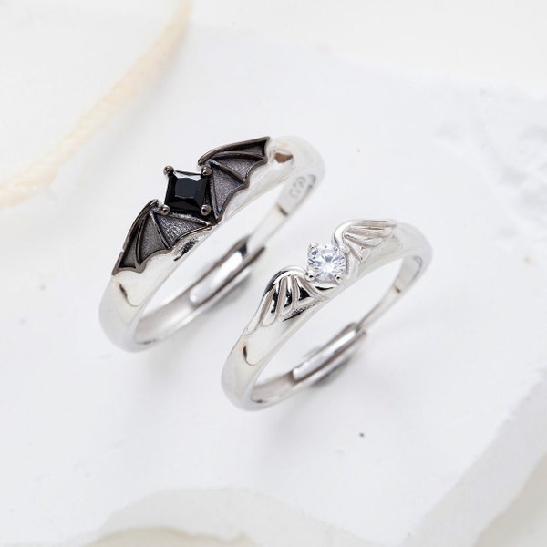 Angel Devil 925 Silver Couple Rings Promise Rings for Couples His Her Matching Rings Anniversary Adjustable Rings Couple Jewelry Gift Ideas