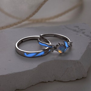 Glowing Band Moonstone Silver Couple Rings Promise Rings for Couples Matching Rings His Her Adjustable Ring Set Couple Ring Set Jewellery image 2
