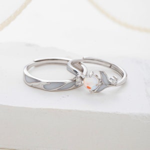 Glowing Band Moonstone Silver Couple Rings Promise Rings for Couples Matching Rings His Her Adjustable Ring Set Couple Ring Set Jewellery image 7