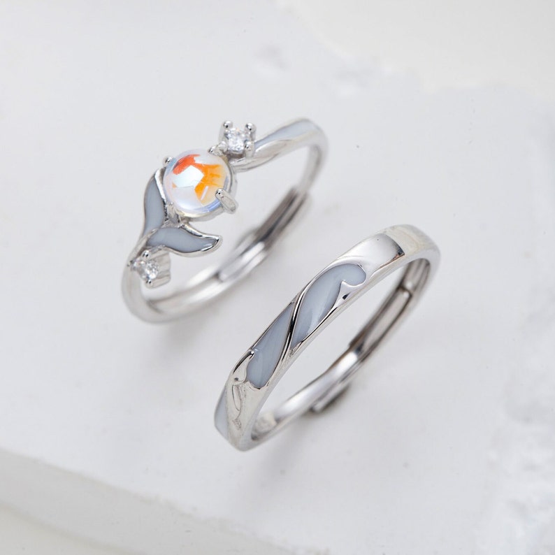 Anillos de pareja de plata con piedra lunar brillante, anillos de promesa para parejas, anillos a juego, juego de anillos ajustables para ella, juego de anillos para parejas, joyería imagen 6